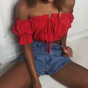 Red Off the Shoulder Crop Top
